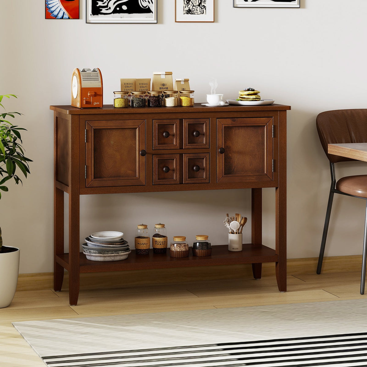 Buffet Sideboard Cabinet with 2 Doors and 2 Drawers-Brown view 2