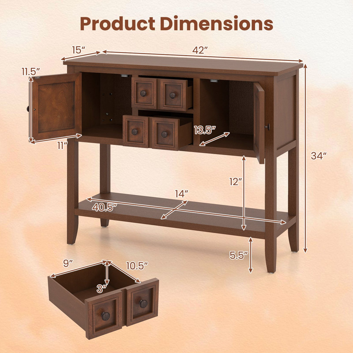 Buffet Sideboard Cabinet with 2 Doors and 2 Drawers-Brown view 5
