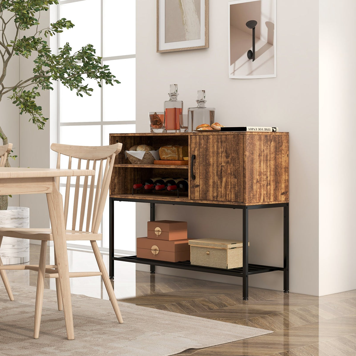 Buffet Sideboard Coffee Bar Cabinet with Power Outlets and USB Ports-Rustic Brown view 2