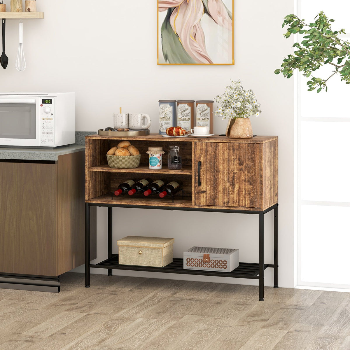 Buffet Sideboard Coffee Bar Cabinet with Power Outlets and USB Ports-Rustic Brown view 3