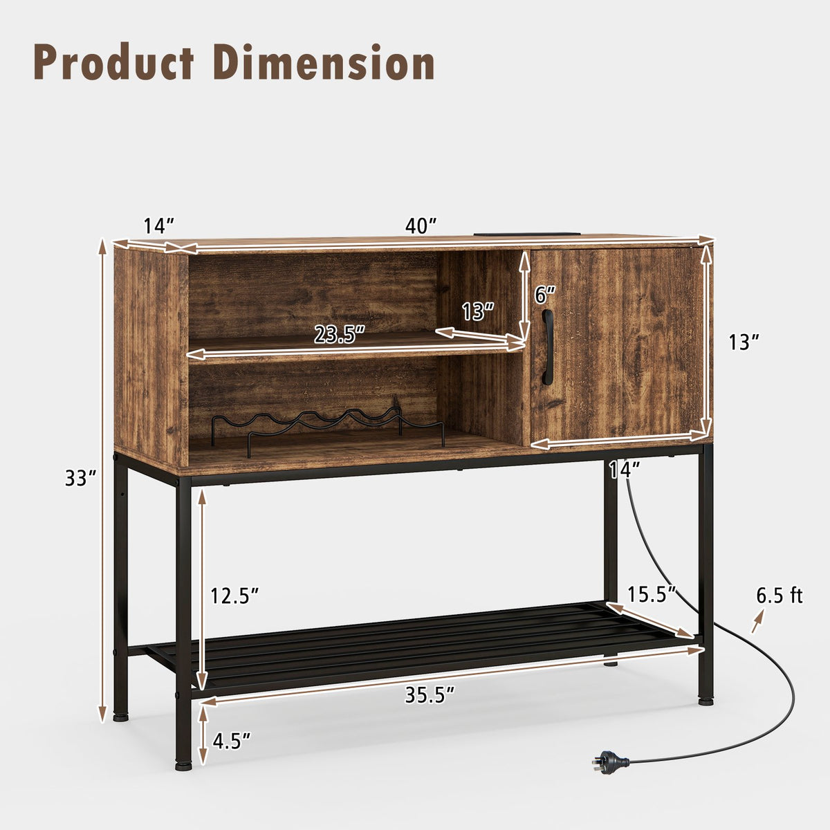 Buffet Sideboard Coffee Bar Cabinet with Power Outlets and USB Ports-Rustic Brown view 4