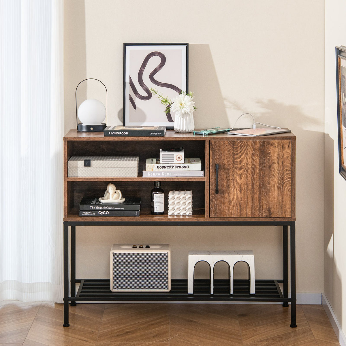 Buffet Sideboard Coffee Bar Cabinet with Power Outlets and USB Ports-Rustic Brown view 6