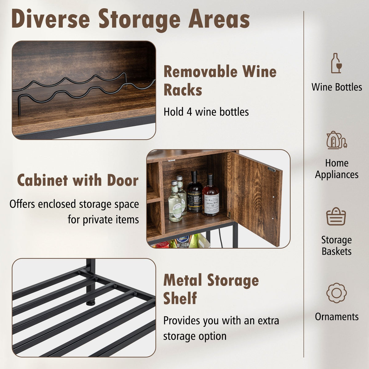 Buffet Sideboard Coffee Bar Cabinet with Power Outlets and USB Ports-Rustic Brown view 8