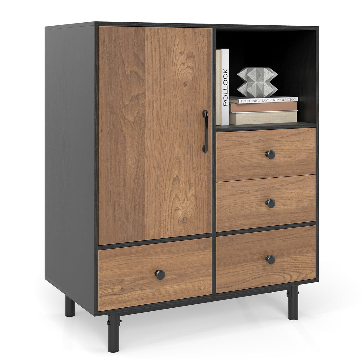 Buffet Sideboard Mid Century Modern Storage Cabinet with 4 Drawers and Open Compartment-Black