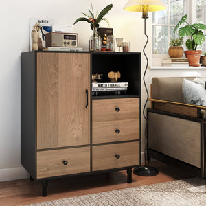 Buffet Sideboard Mid Century Modern Storage Cabinet with 4 Drawers and Open Compartment-Black view 2