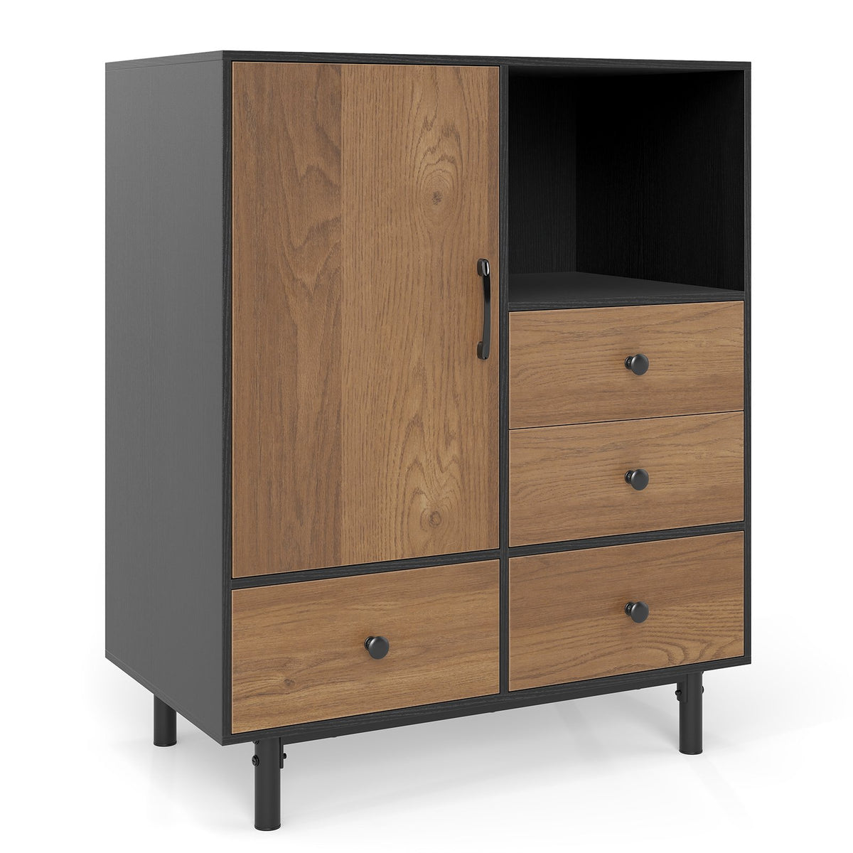 Buffet Sideboard Mid Century Modern Storage Cabinet with 4 Drawers and Open Compartment-Black view 4