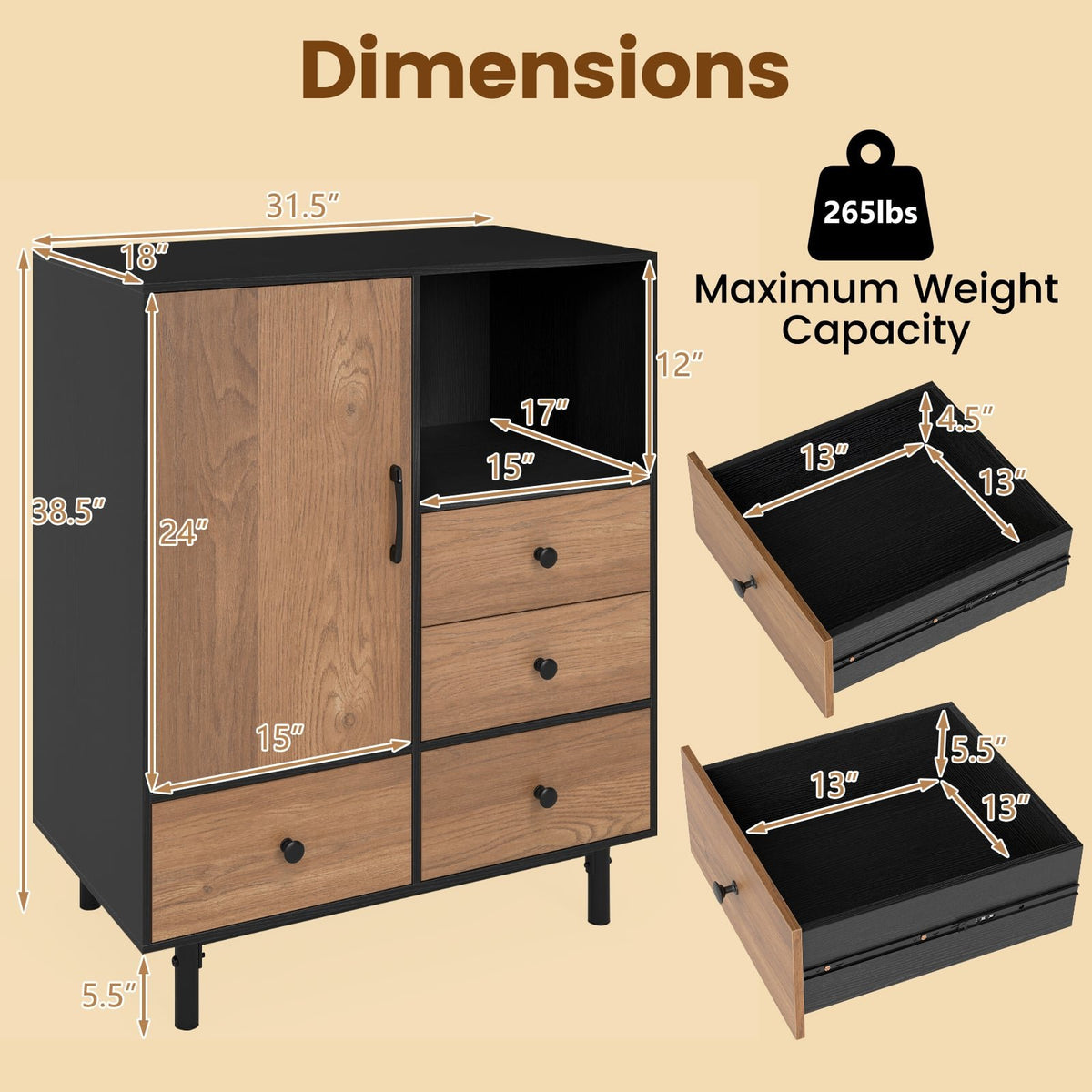 Buffet Sideboard Mid Century Modern Storage Cabinet with 4 Drawers and Open Compartment-Black view 5