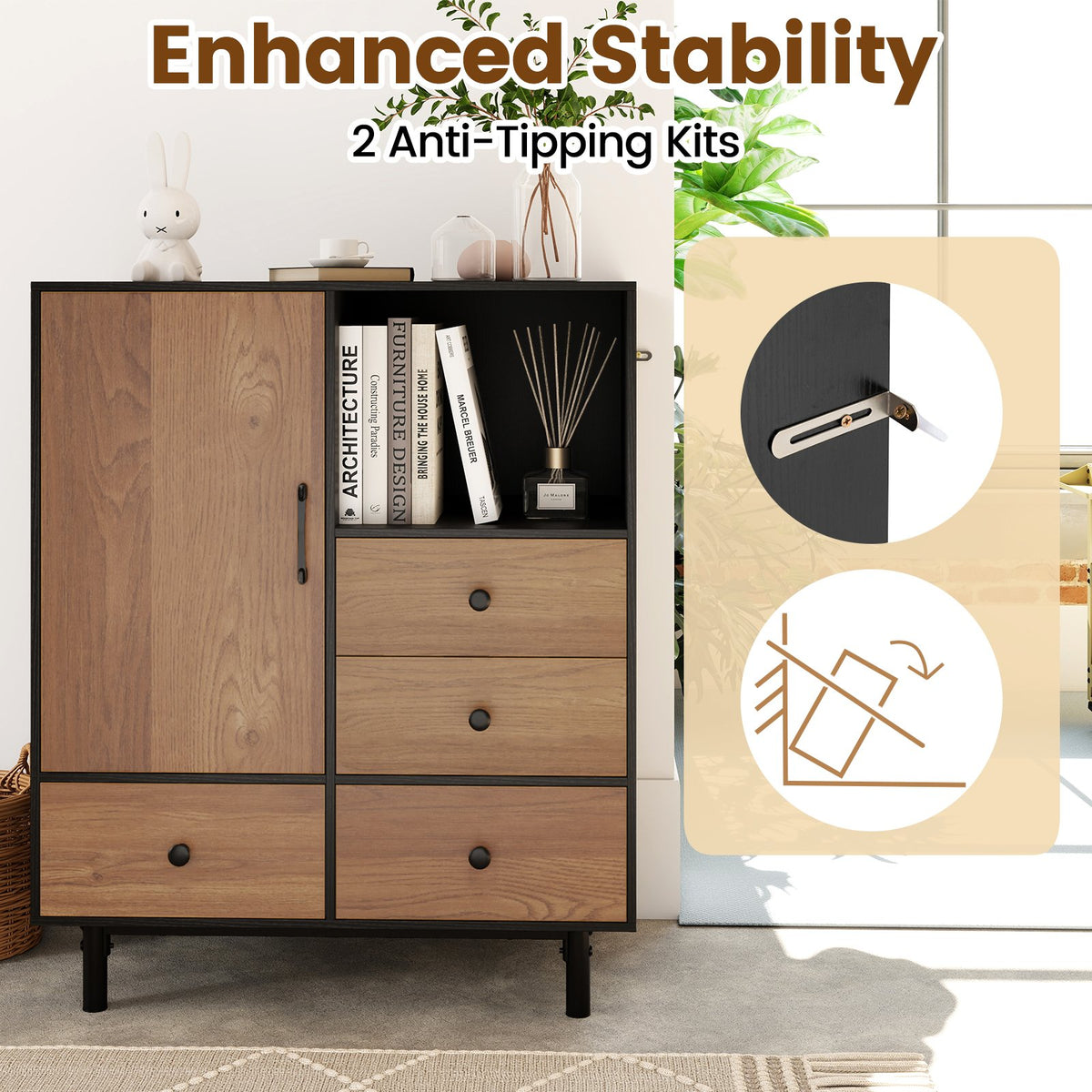 Buffet Sideboard Mid Century Modern Storage Cabinet with 4 Drawers and Open Compartment-Black view 7