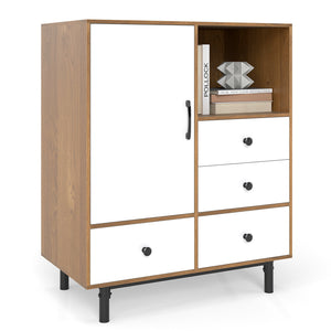 Buffet Sideboard Mid Century Modern Storage Cabinet with 4 Drawers and Open Compartment-Natural