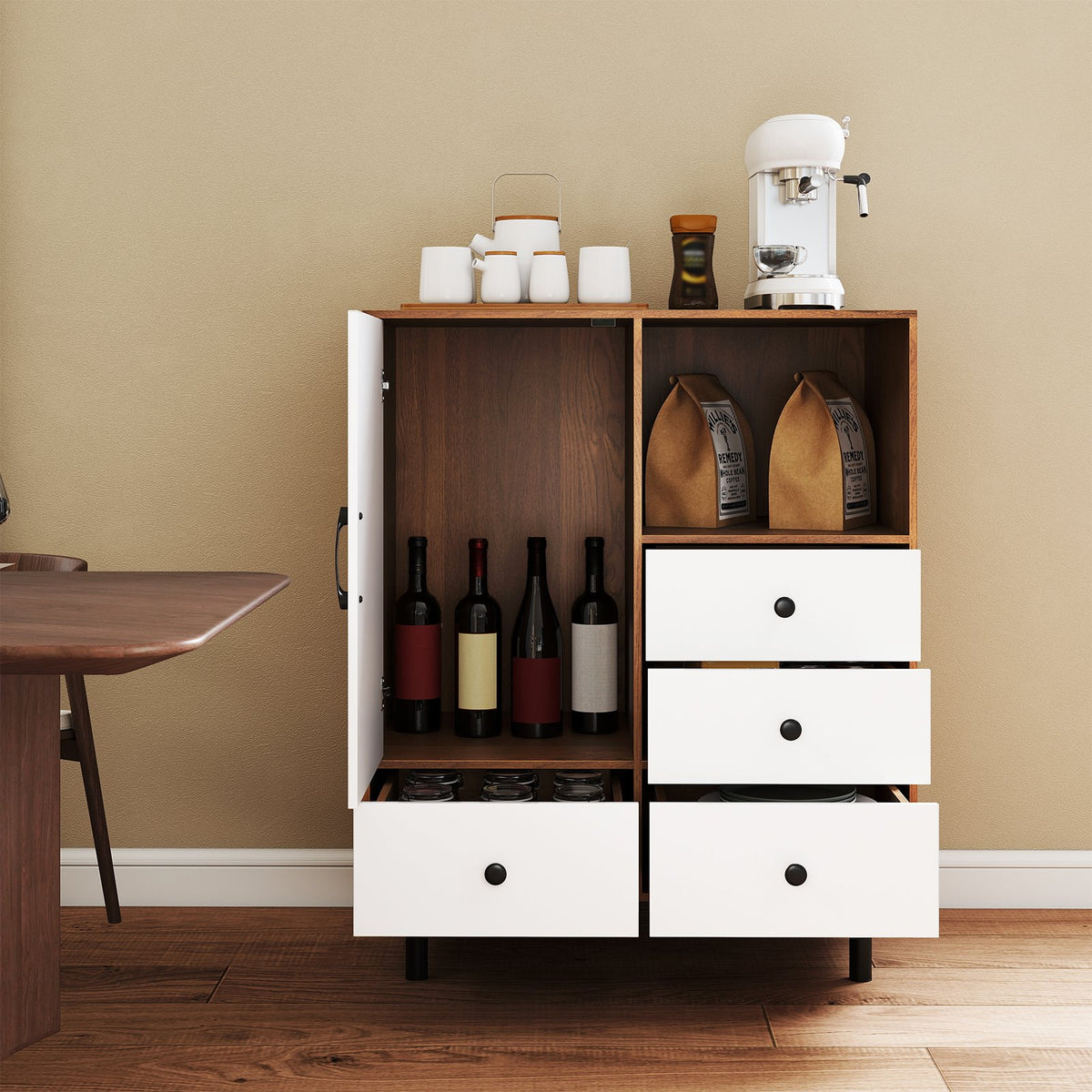Buffet Sideboard Mid Century Modern Storage Cabinet with 4 Drawers and Open Compartment-Natural view 3