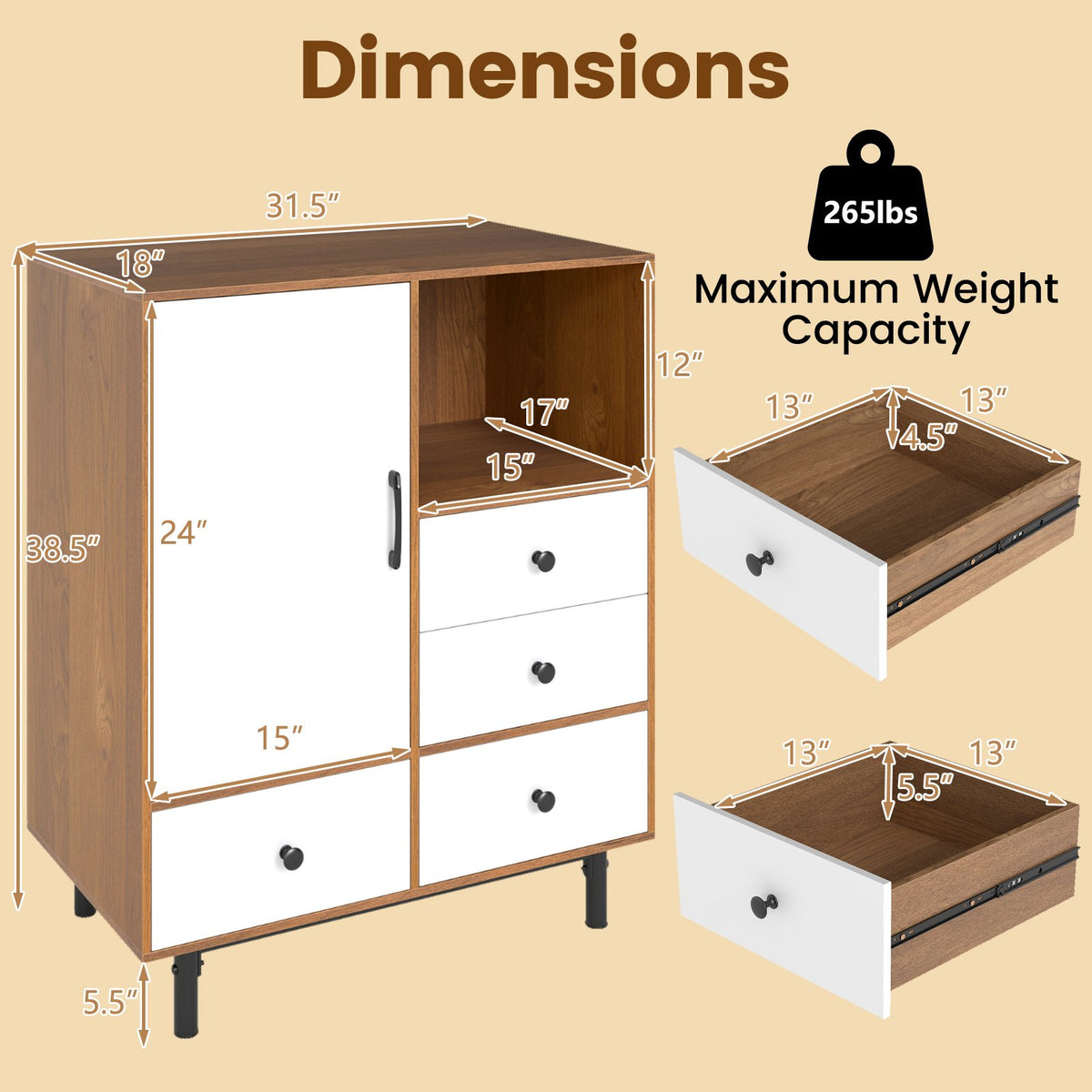 Buffet Sideboard Mid Century Modern Storage Cabinet with 4 Drawers and Open Compartment-Natural view 5