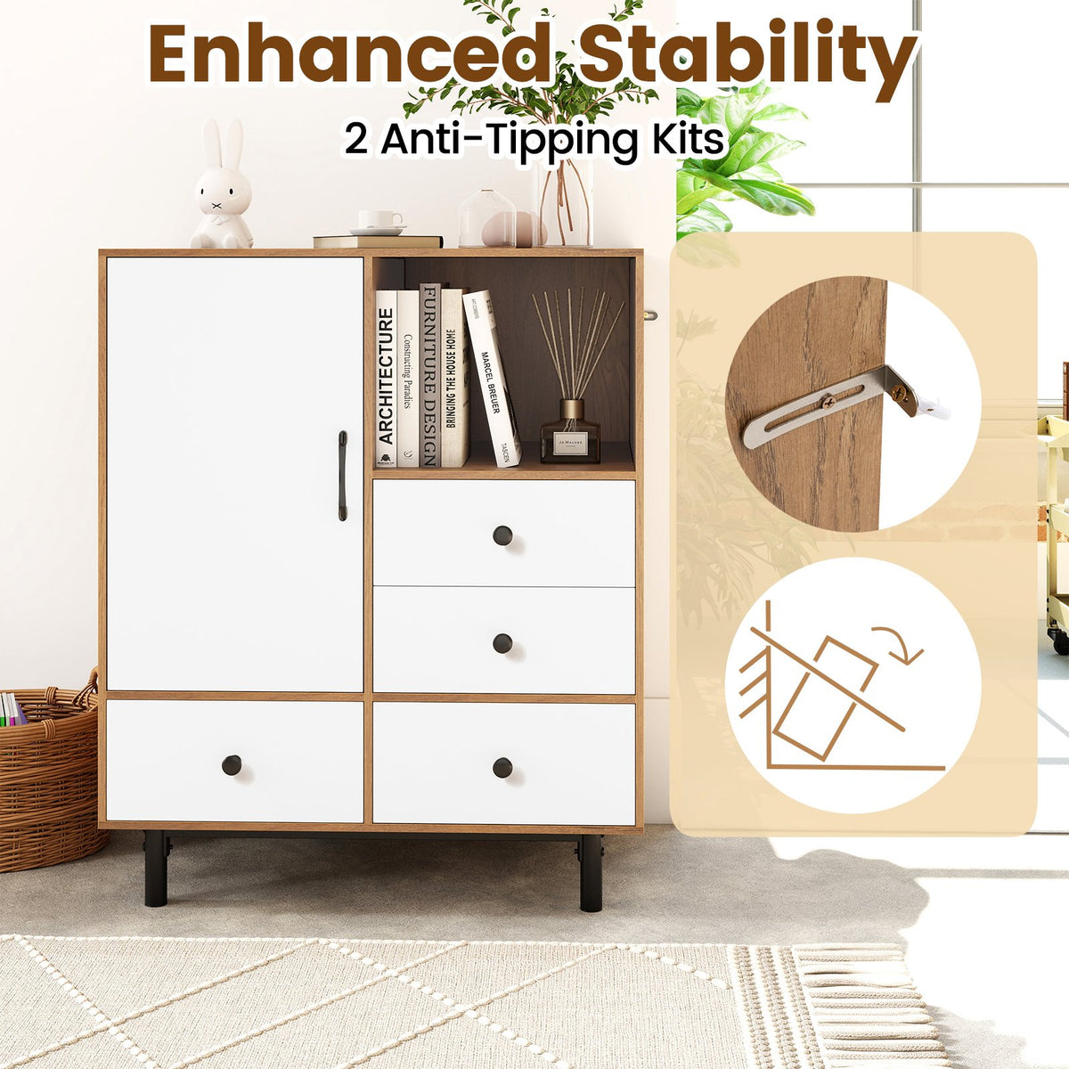 Buffet Sideboard Mid Century Modern Storage Cabinet with 4 Drawers and Open Compartment-Natural view 7