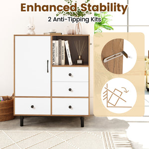 Buffet Sideboard Mid Century Modern Storage Cabinet with 4 Drawers and Open Compartment-Natural view 7