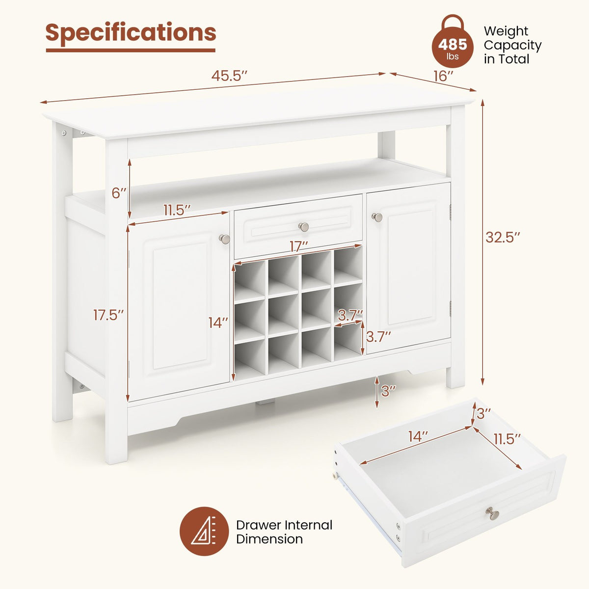 Buffet Sideboard Wine Liquor Coffee Bar Cabinet with Removable Wine Rack-White view 5