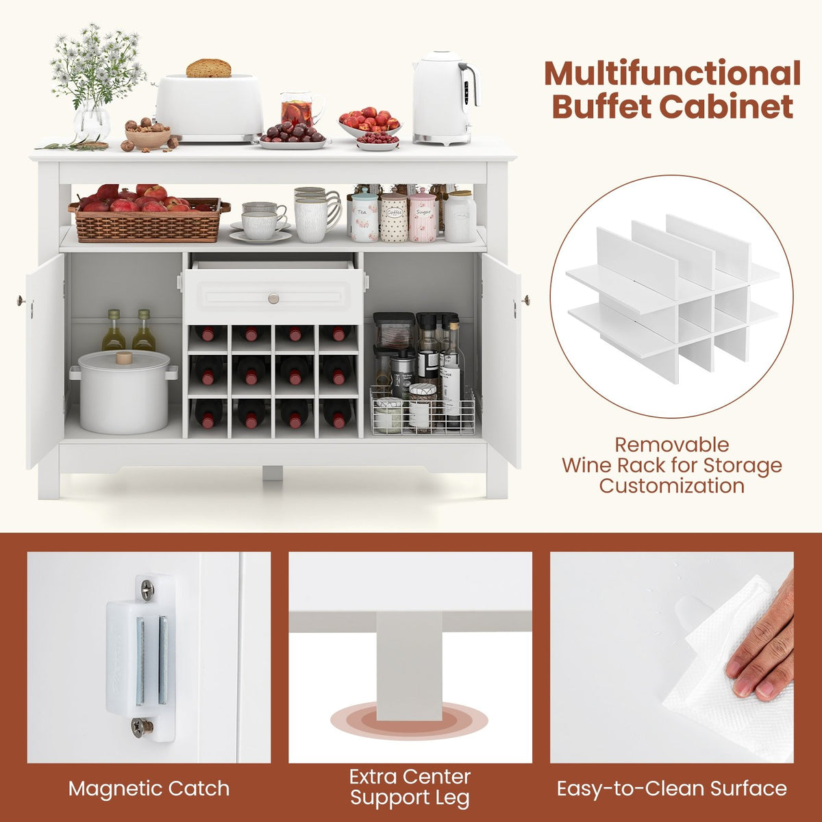 Buffet Sideboard Wine Liquor Coffee Bar Cabinet with Removable Wine Rack-White view 7
