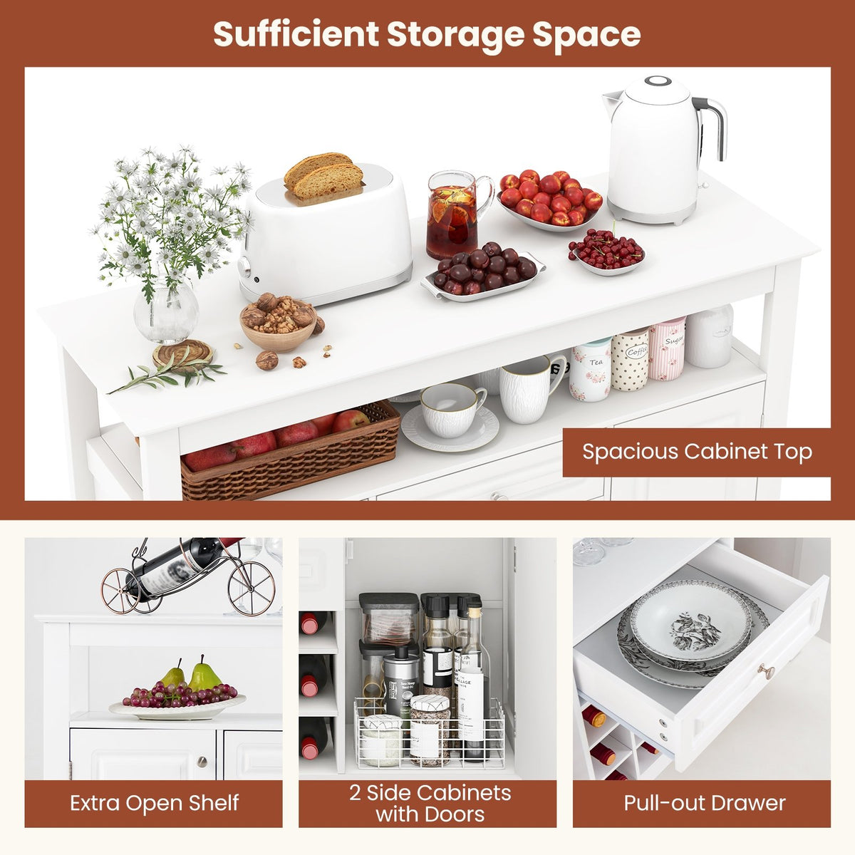 Buffet Sideboard Wine Liquor Coffee Bar Cabinet with Removable Wine Rack-White view 8