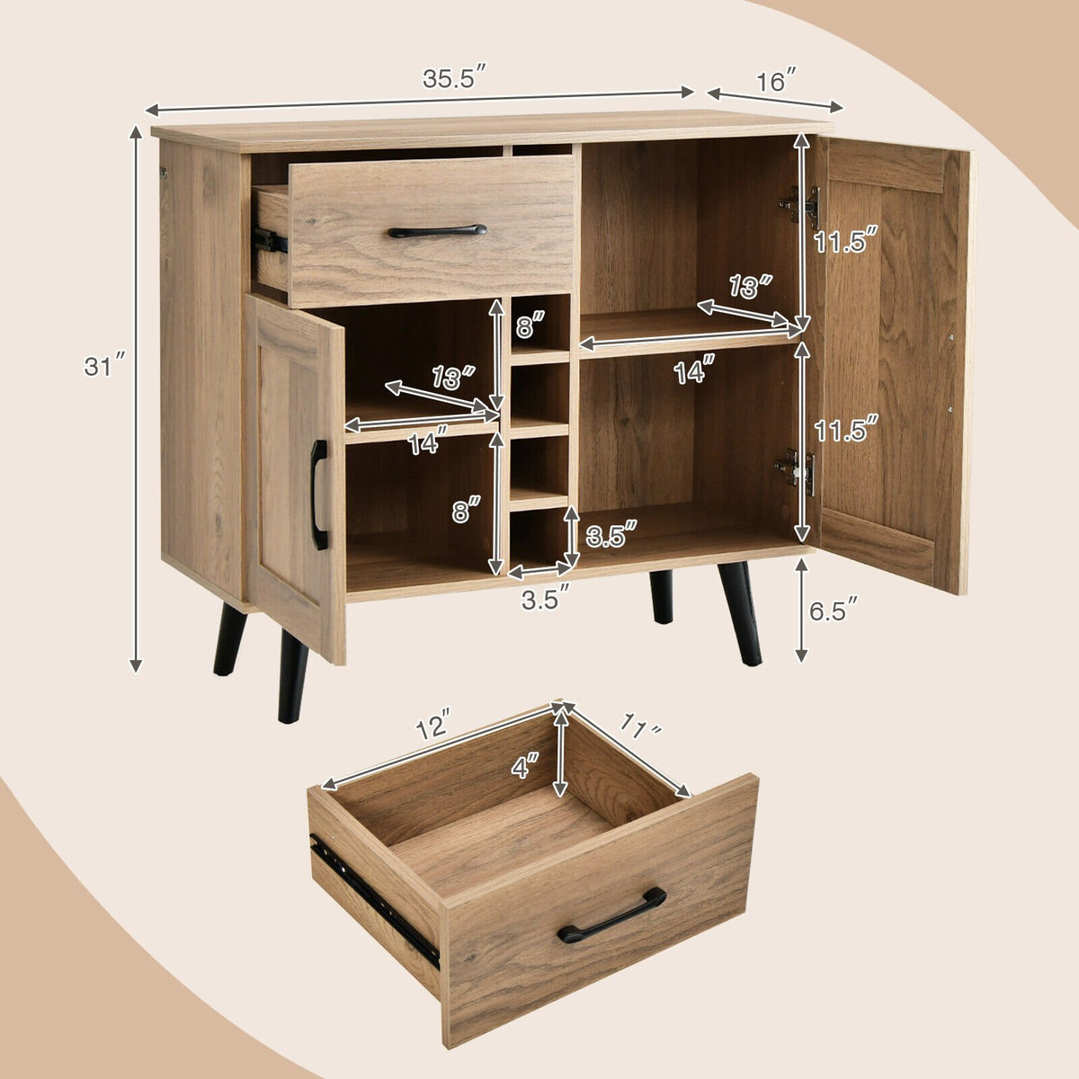 2-Door Buffet Sideboard with 6-Bottle Wine Rack Drawer view 5
