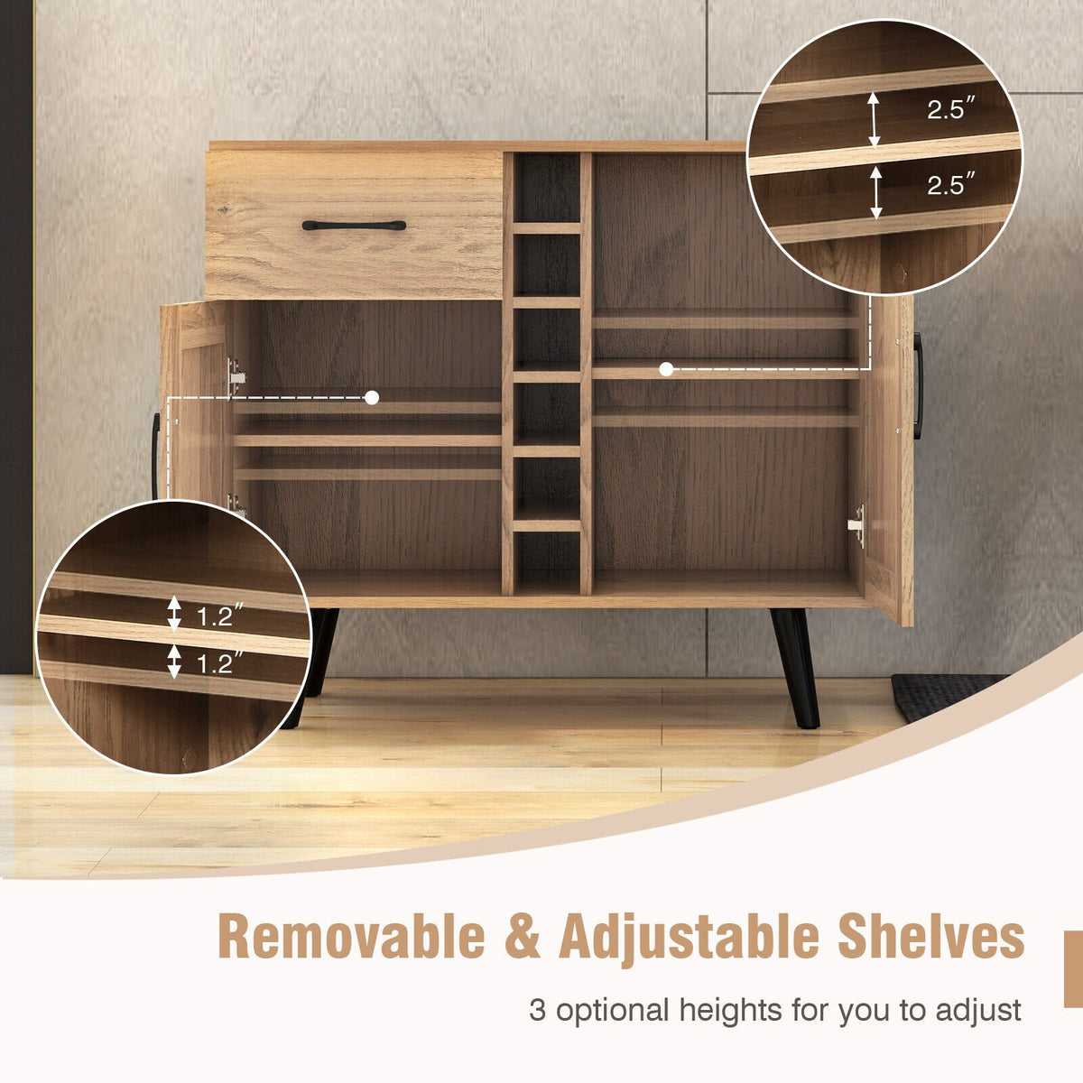 2-Door Buffet Sideboard with 6-Bottle Wine Rack Drawer view 8