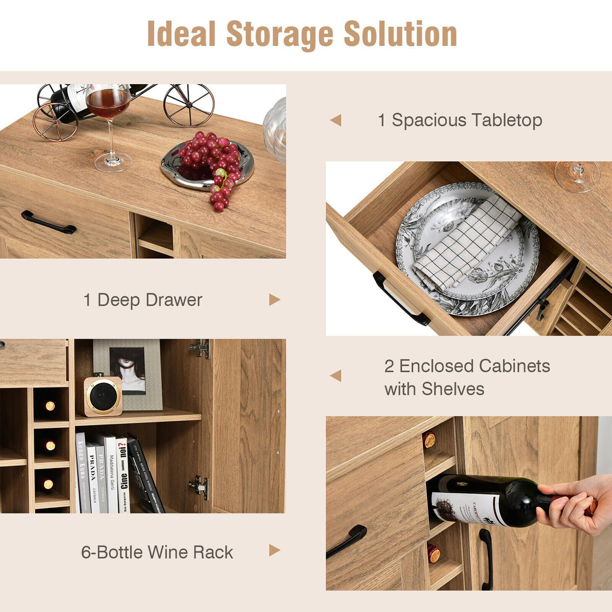 2-Door Buffet Sideboard with 6-Bottle Wine Rack Drawer view 9