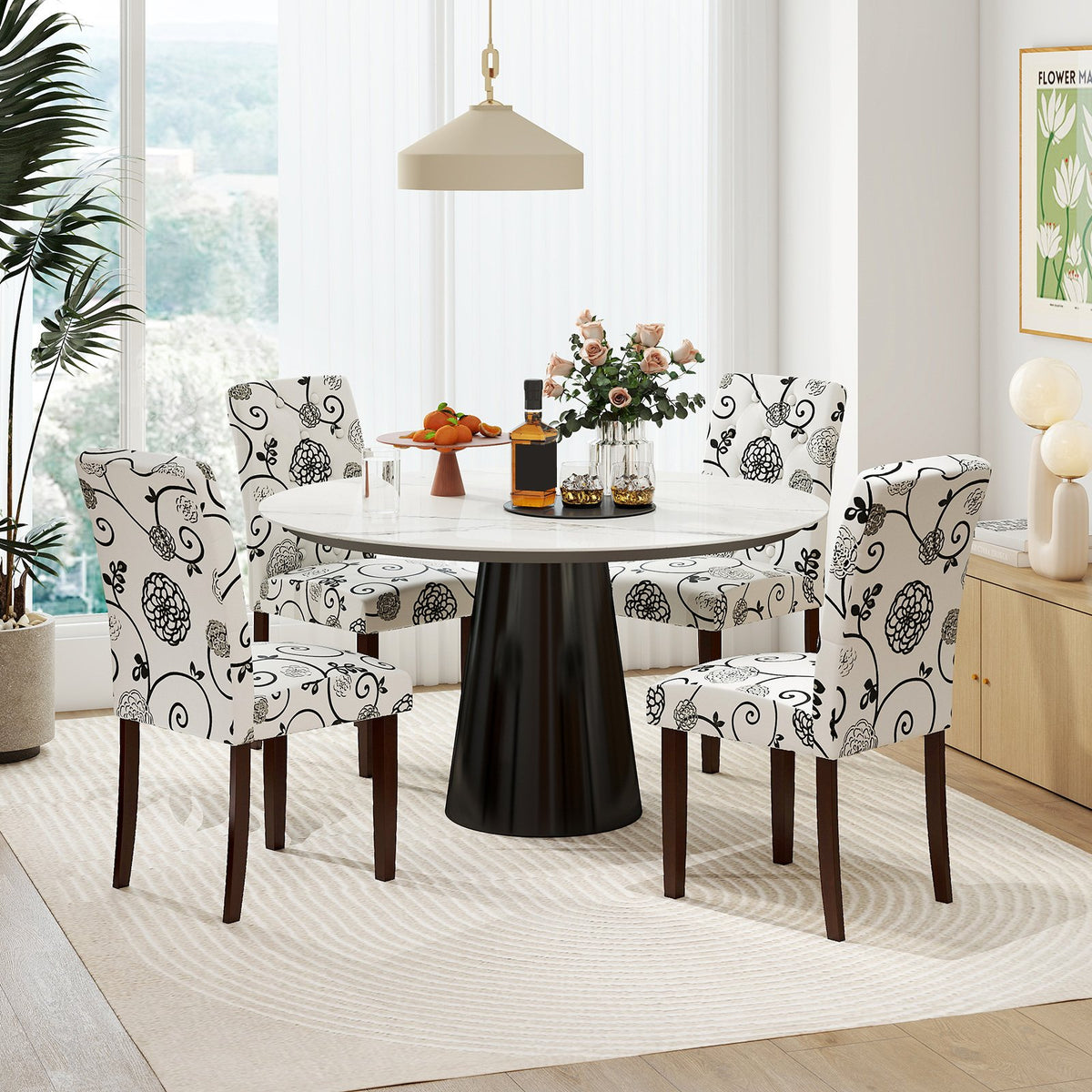 Button Tufted Fabric Upholstered Wooden Dining Chair Set of 2 with High Curved Back-Beige view 6