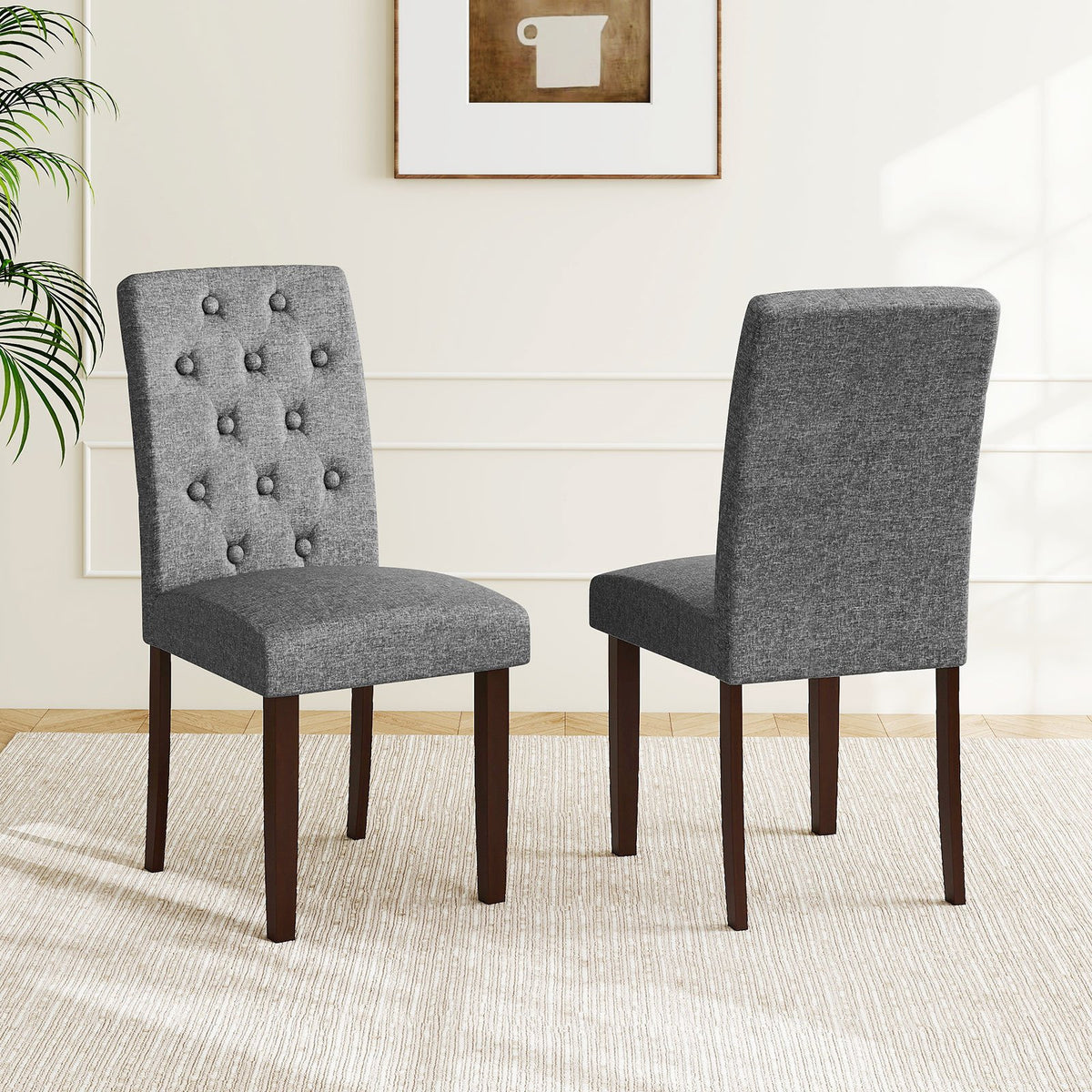 Button Tufted Fabric Upholstered Wooden Dining Chair Set of 2 with High Curved Back-Gray view 2