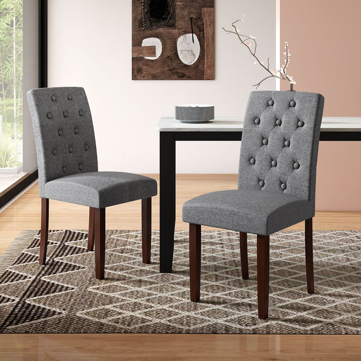 Button Tufted Fabric Upholstered Wooden Dining Chair Set of 2 with High Curved Back-Gray view 3