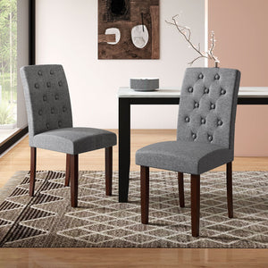 Button Tufted Fabric Upholstered Wooden Dining Chair Set of 2 with High Curved Back-Gray view 3