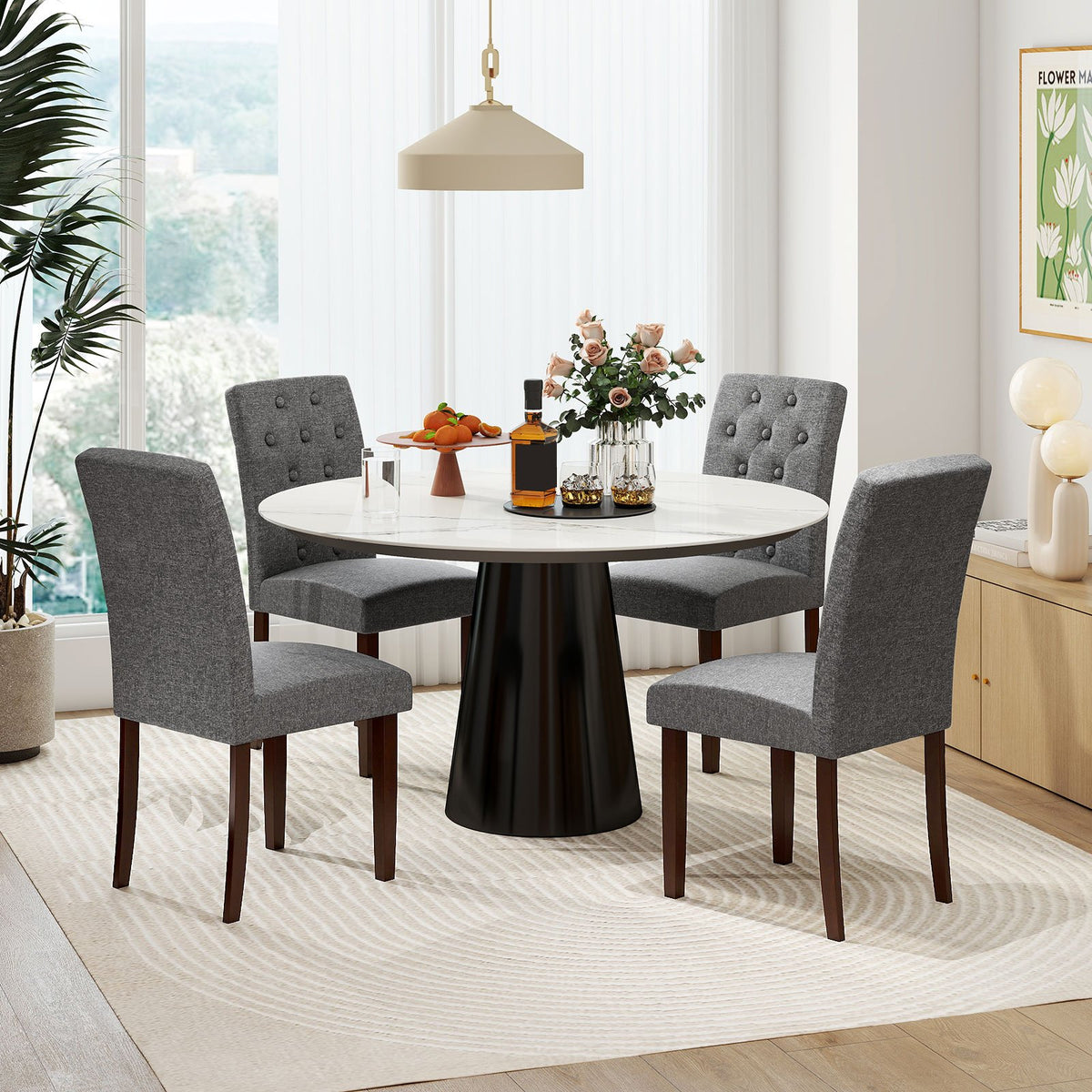 Button Tufted Fabric Upholstered Wooden Dining Chair Set of 2 with High Curved Back-Gray view 6