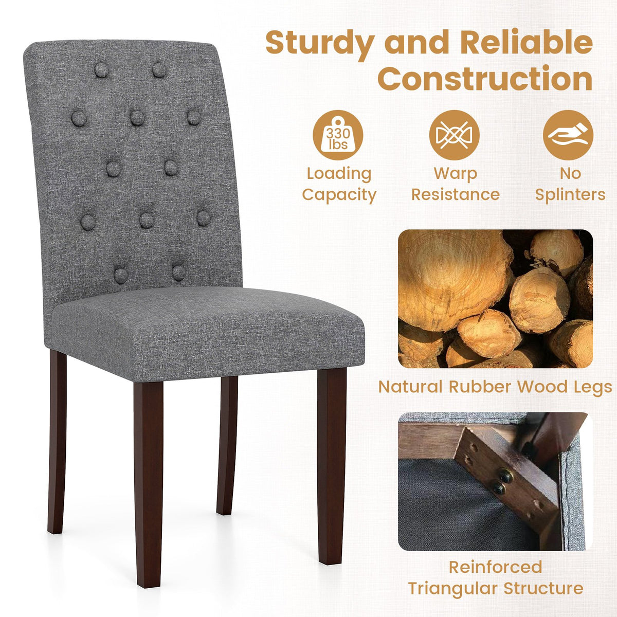 Button Tufted Fabric Upholstered Wooden Dining Chair Set of 2 with High Curved Back-Gray view 7
