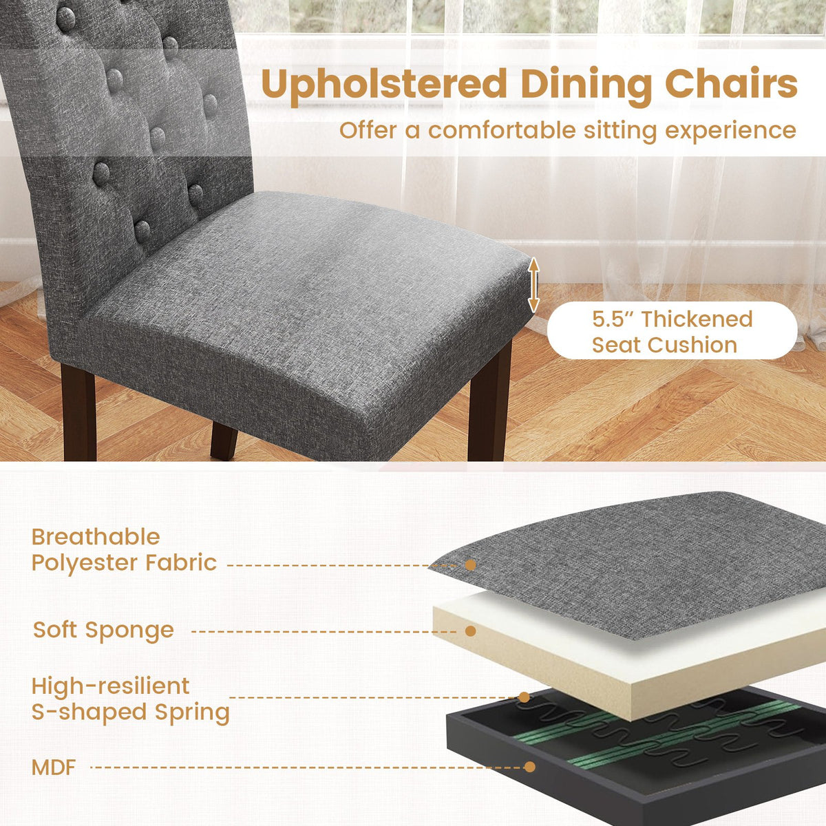 Button Tufted Fabric Upholstered Wooden Dining Chair Set of 2 with High Curved Back-Gray view 8