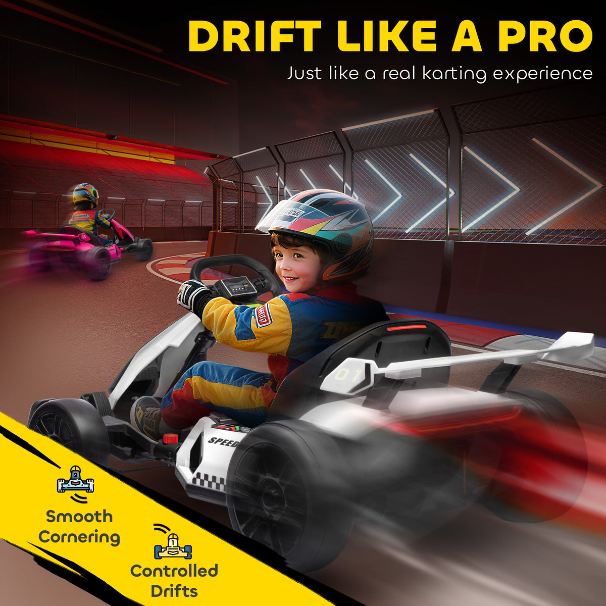 Aosom 24V Electric Go Kart, Battery Powered Kids Drift Kart with Adjustable Seat, Seat Belt, Horn, Music, Light