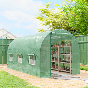 15' x 6.6' x 6.6' Walk-in Tunnel Greenhouse Garden Plant Seed Growing Warm House Outdoor Hot House w/ Roll Up Door, Windows, PE Cover Green