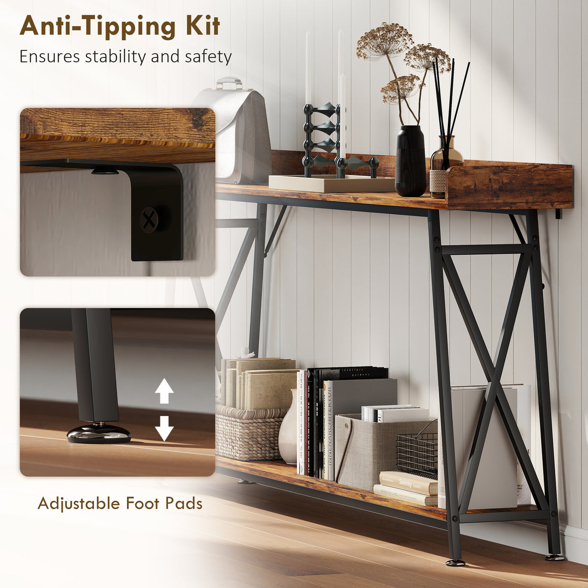 71" Extra Long Console Table with Storage Shelf and Guardrails, Industrial Entryway Table for Living Room, Rustic Brown