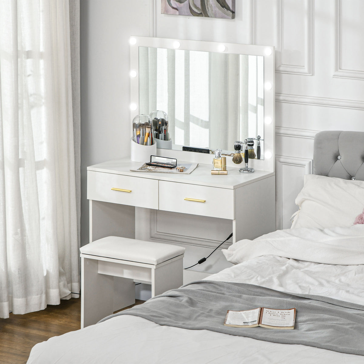 Makeup Vanity Desk Set with Stool, Dressing Table with LED Lighting Mirror, Drawers, for Bedroom, White