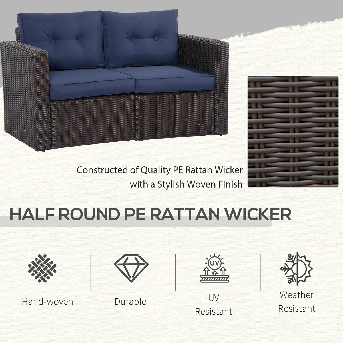 2 Pieces Patio Furniture Set Outdoor Loveseat Wicker Corner Sofa Set Outdoor Freely Combination PE Rattan Furniture, W/ Curved Armrests & Padded Cushion for Balcony, Garden, Lawn, Dark Blue