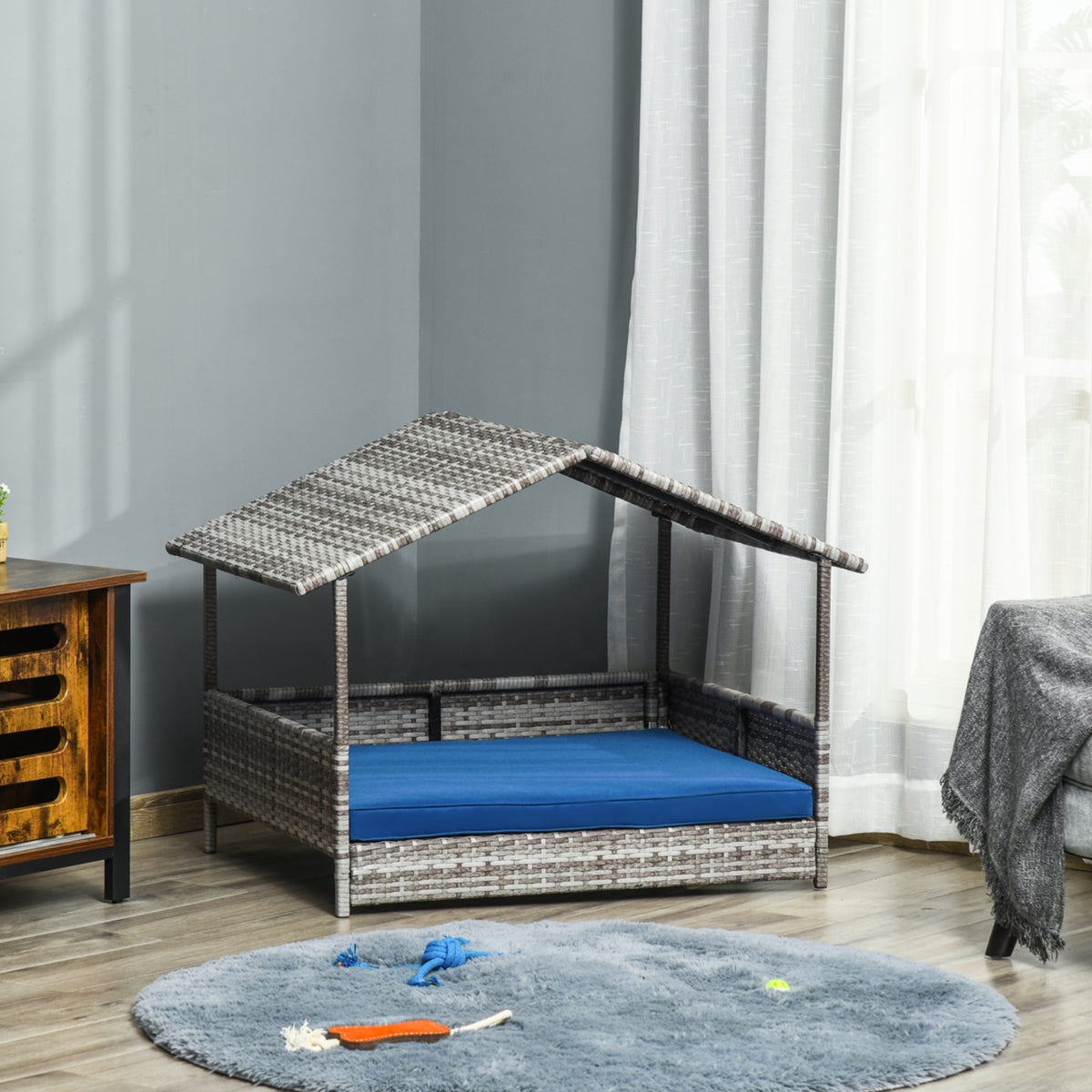 Rattan Dog House with Canopy, Wicker Dog Bed with Water-Resistant Cushion, for Small and Medium Breeds Dark Blue