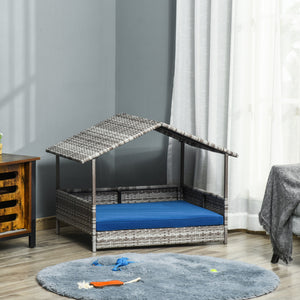 Rattan Dog House with Canopy, Wicker Dog Bed with Water-Resistant Cushion, for Small and Medium Breeds Dark Blue