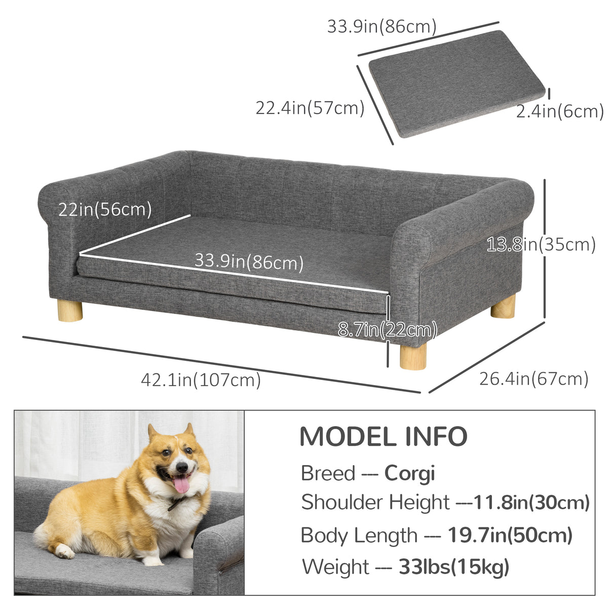 Modern Pet Sofa Cat or Medium Large Dog Bed W/ Removable Seat Cushion, Dark Grey – view 2