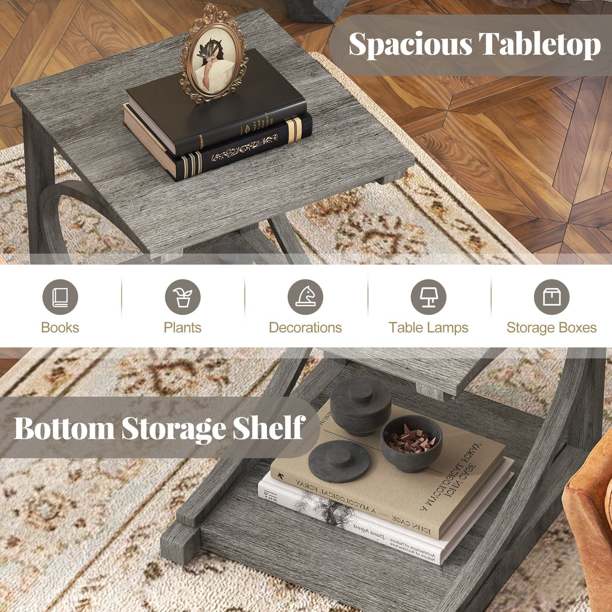 C-shaped 24 Inch 2 Tier Square End Table Sofa Side Table-Grey view 7