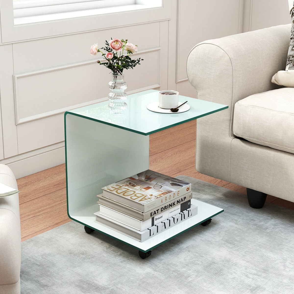 C-Shaped End Table Modern Tempered Glass Side Table with Shelf-White view 2
