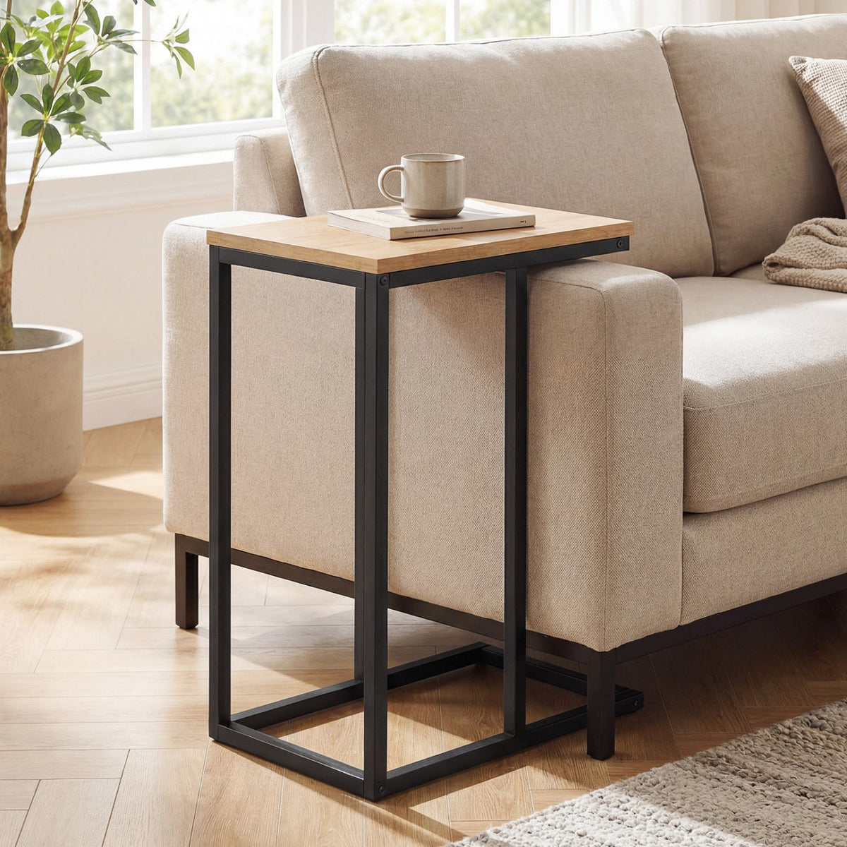 C-Shaped End Table Small Side Table with Sturdy Metal Frame-Natural view 2