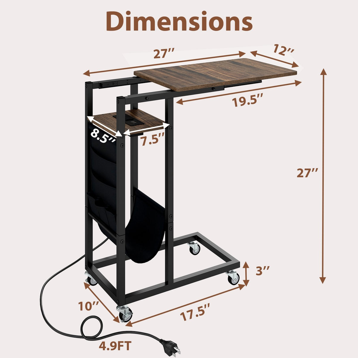 C-shaped End Table with Charging Station and Retractable Tabletop-Coffee view 5