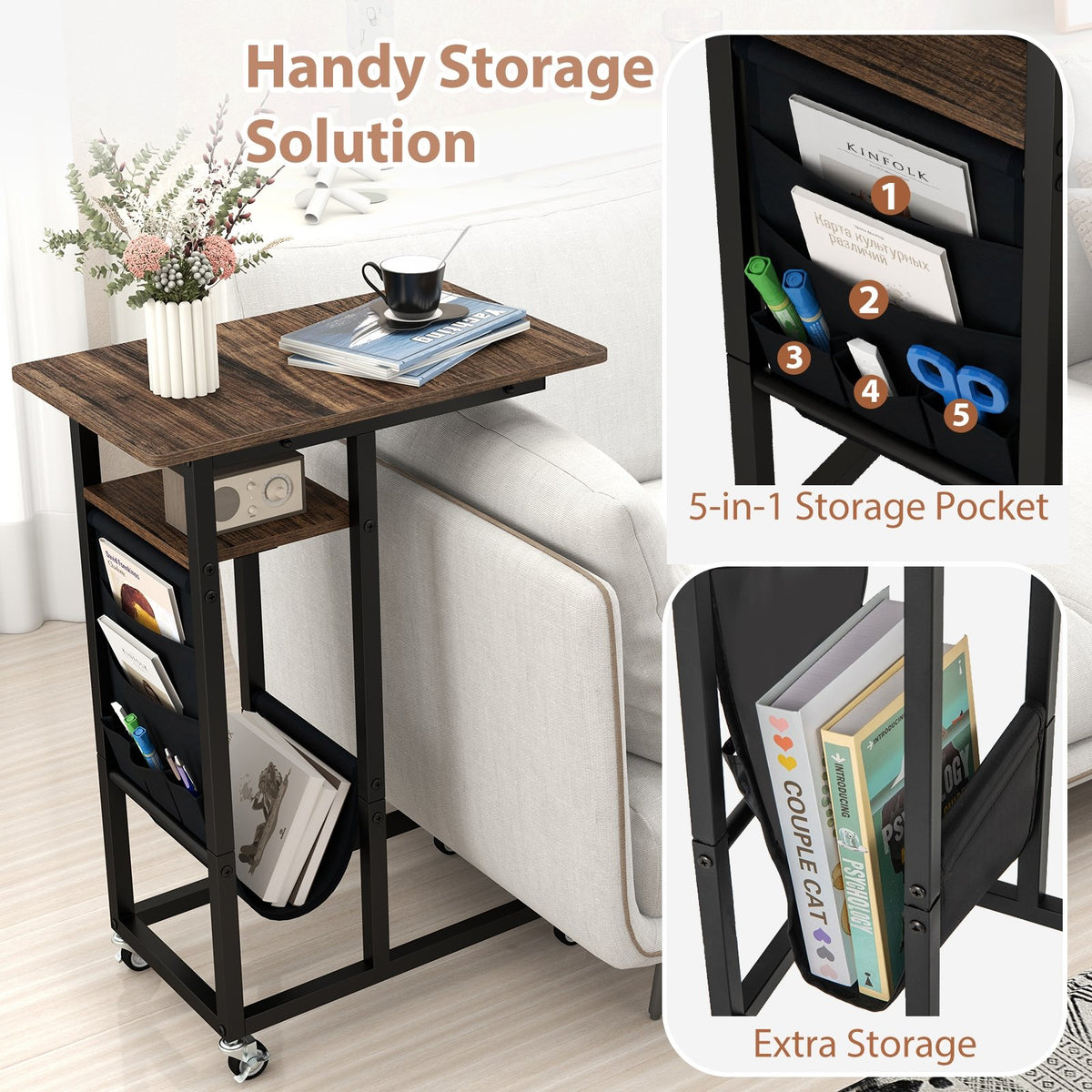 C-shaped End Table with Charging Station and Retractable Tabletop-Coffee view 7