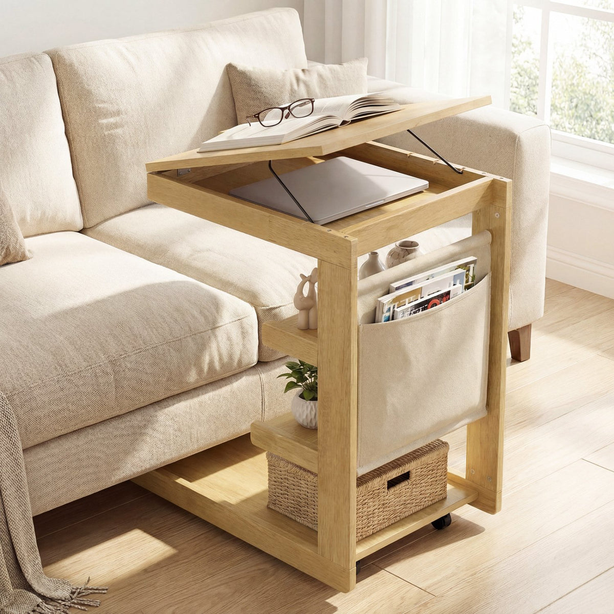 C-shaped End Table with Wheels and Adjustable Desktop for Sofa Couch Bedside-Natural view 2