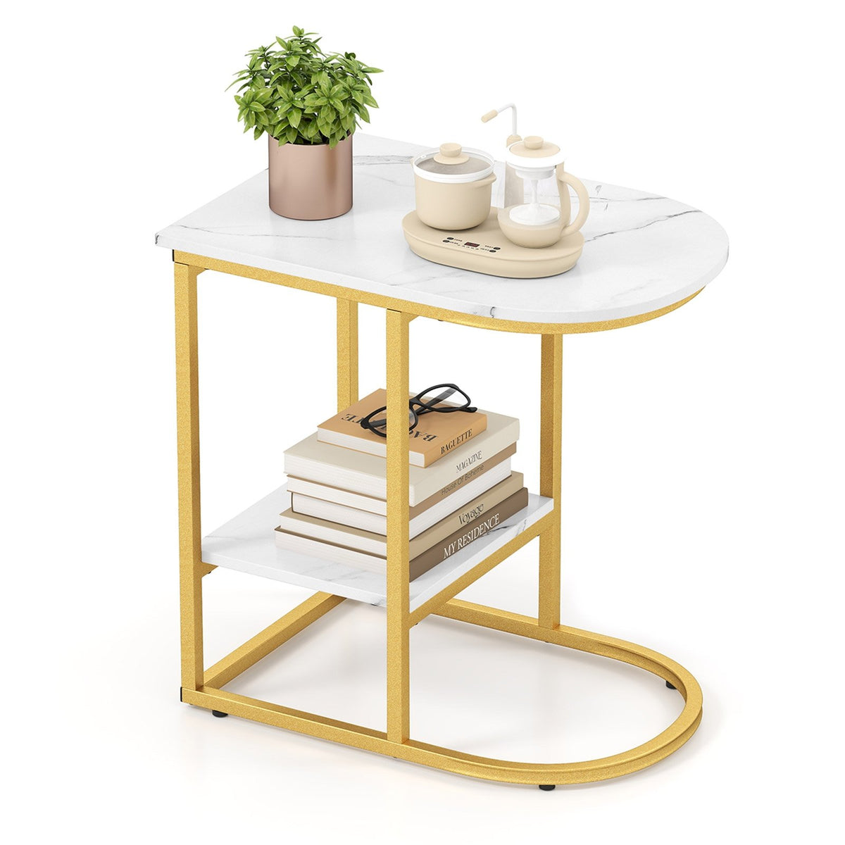 C-shaped Modern Sofa Side Table with Faux Marble Tabletop and Storage Shelf-White view 4