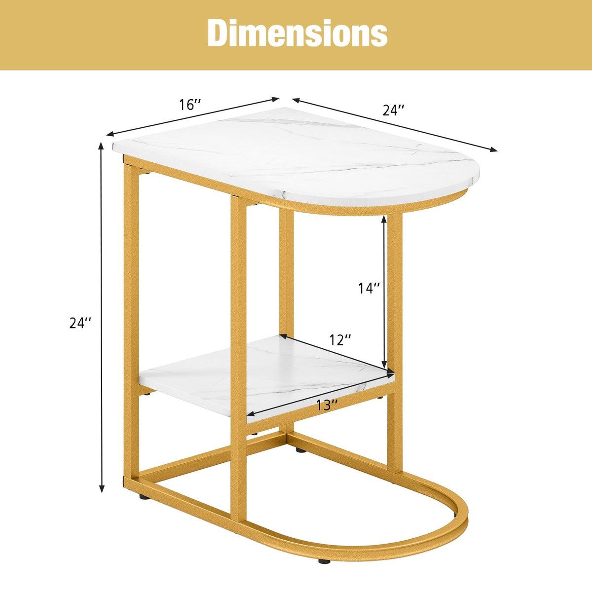 C-shaped Modern Sofa Side Table with Faux Marble Tabletop and Storage Shelf-White view 5