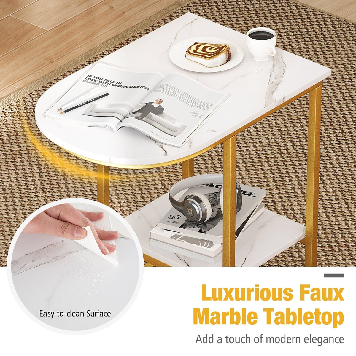 C-shaped Modern Sofa Side Table with Faux Marble Tabletop and Storage Shelf-White view 6
