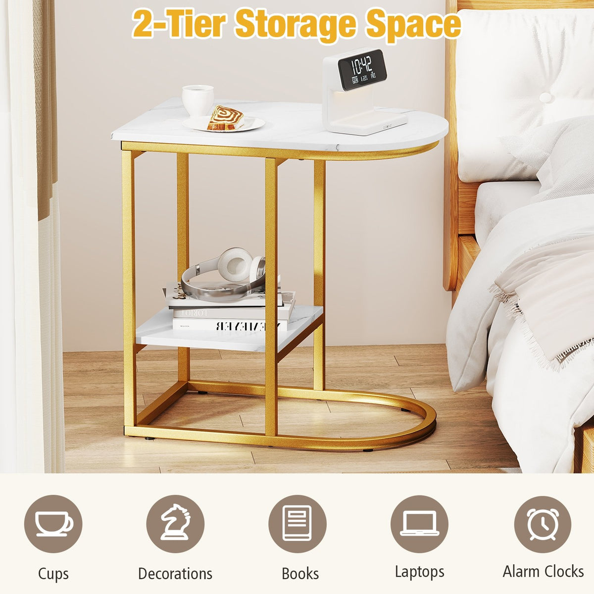 C-shaped Modern Sofa Side Table with Faux Marble Tabletop and Storage Shelf-White view 7