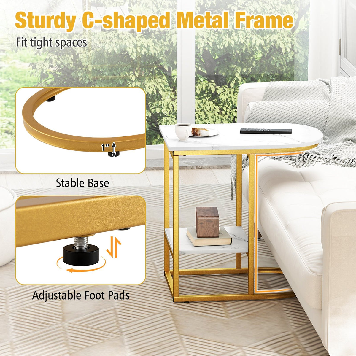 C-shaped Modern Sofa Side Table with Faux Marble Tabletop and Storage Shelf-White view 8