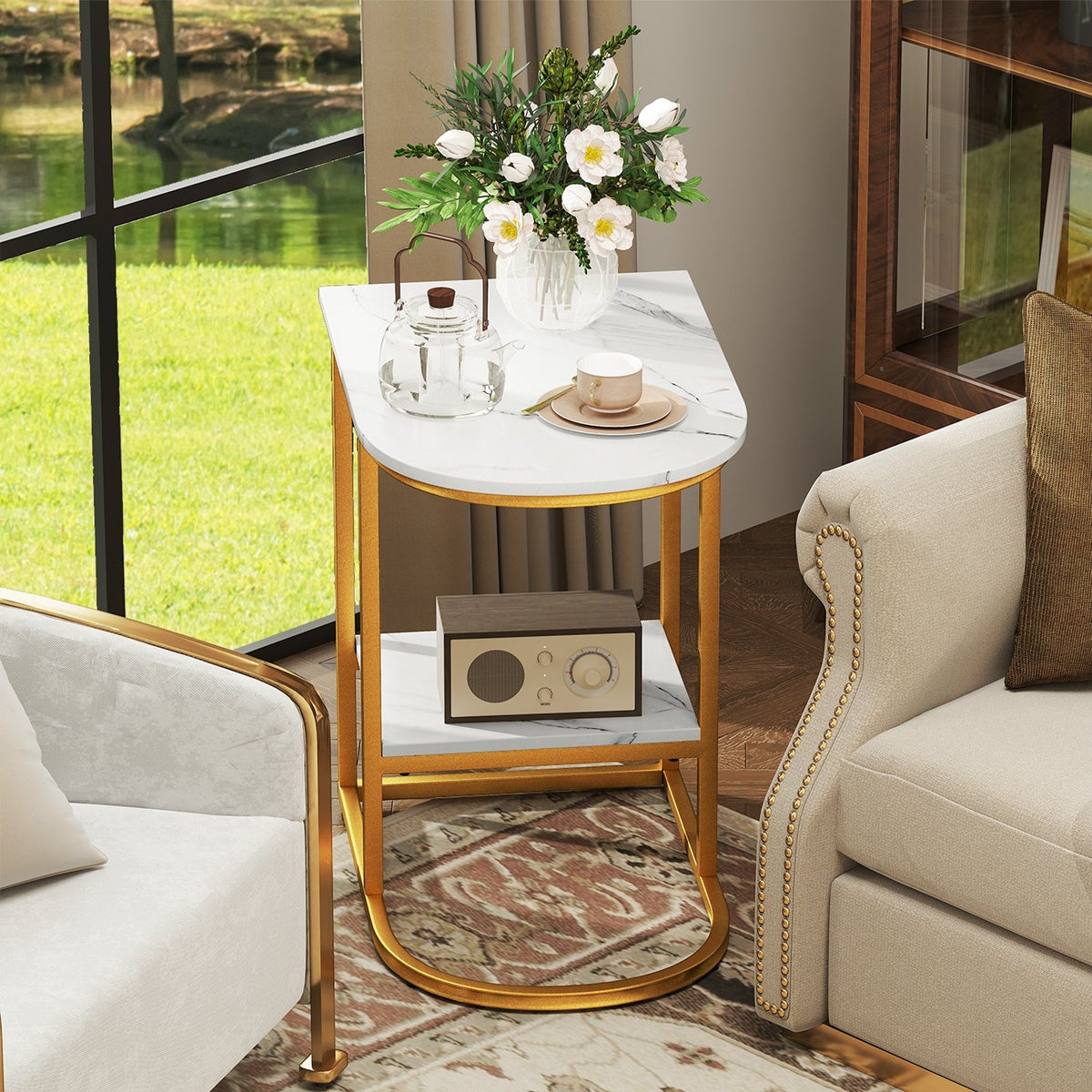 C-shaped Modern Sofa Side Table with Faux Marble Tabletop and Storage Shelf-White view 9